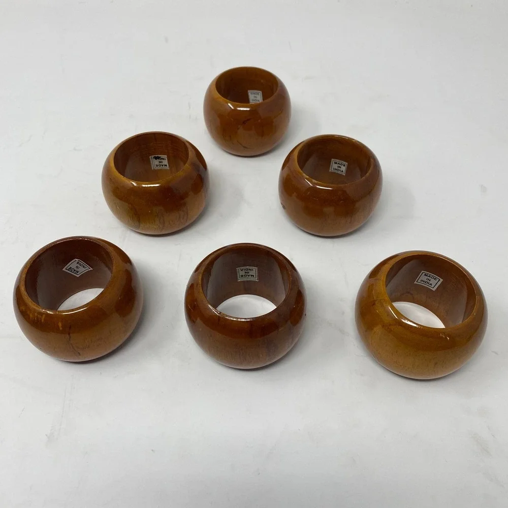 Vintage Napkin Rings‎ Brown Set of 6 Wood Round Made in India